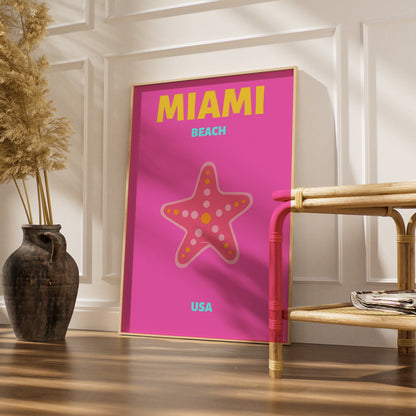 Miami Beach Travel Poster, Florida USA Wall Art, Retro Beach Print, Bold Pink Starfish Decor