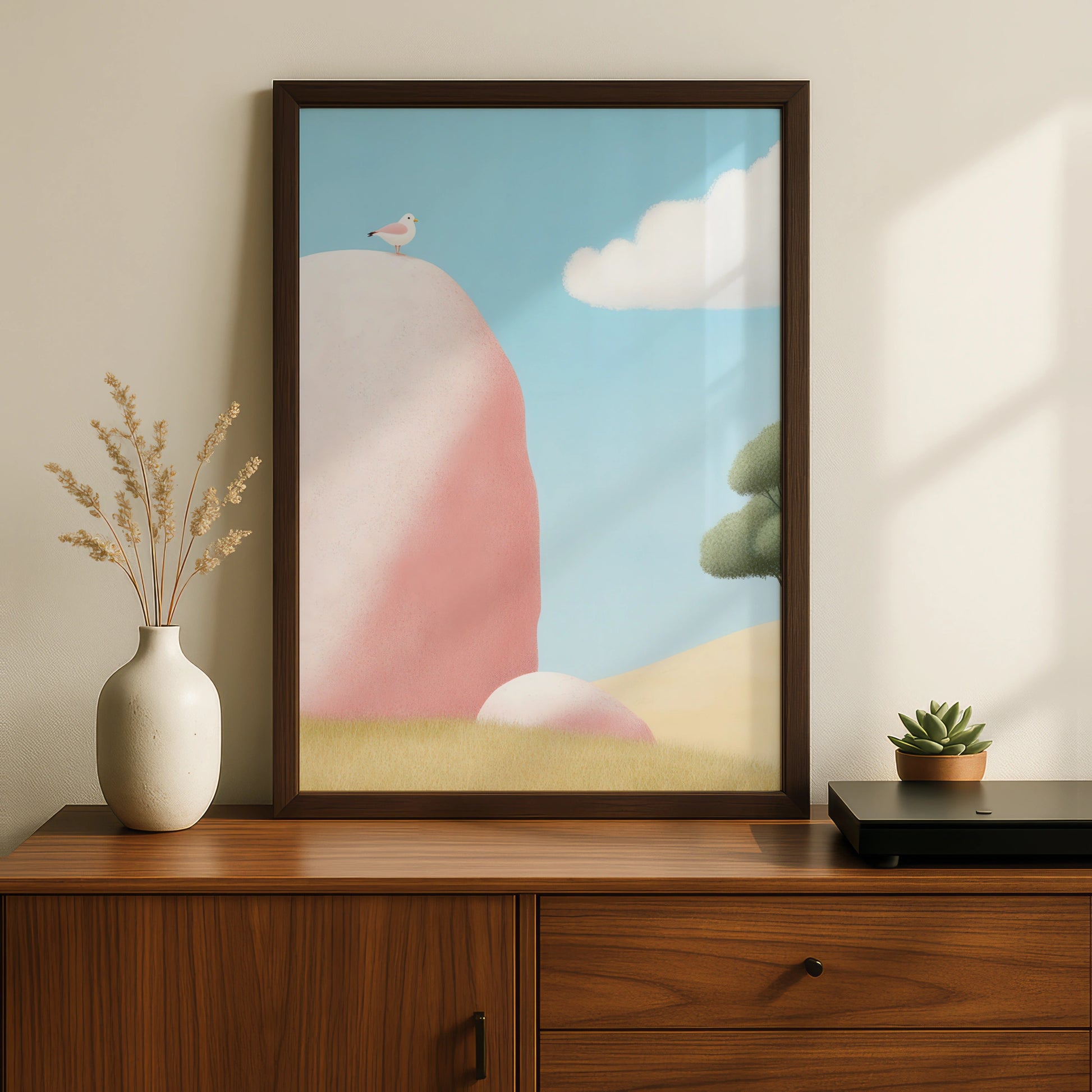 Nursery Wall Art Bird on Rock Print, Pastel Landscape Poster, Baby Room Decor