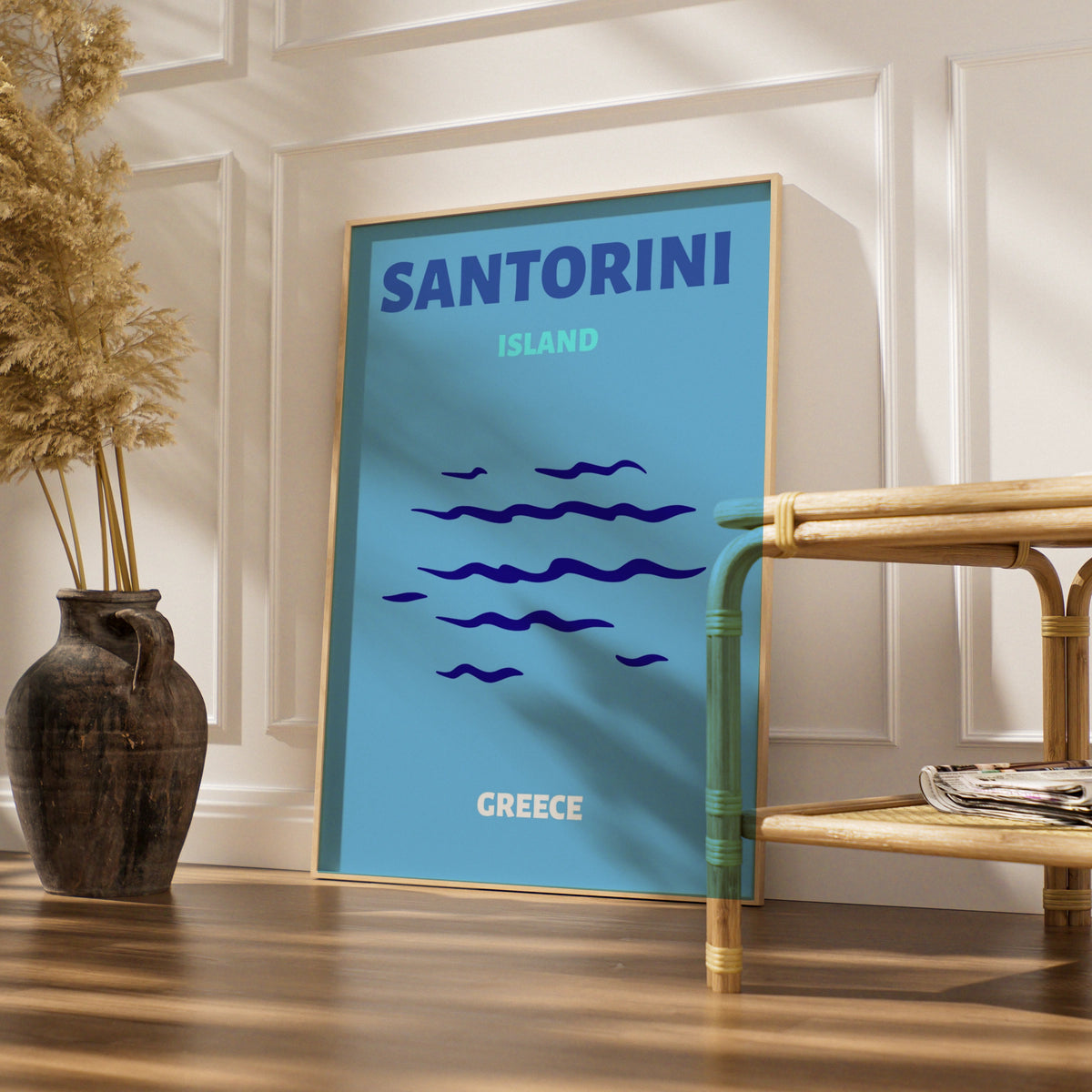 Santorini Island Greece Travel Poster, Greek Islands Wall Art, Retro Blue Print
