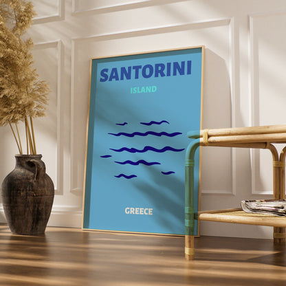 Santorini Island Greece Travel Poster, Greek Islands Wall Art, Retro Blue Print