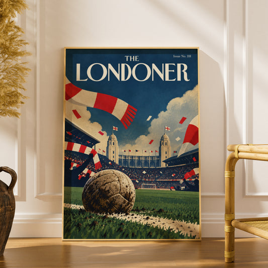 Vintage Football Stadium Poster, Retro Magazine Cover Wall Art Print, Red White Scarves Sports Decor