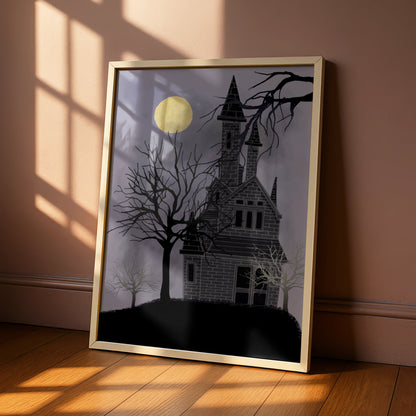 Haunted House Halloween Art Print, Spooky Full Moon Poster, Dark Gothic Wall Art