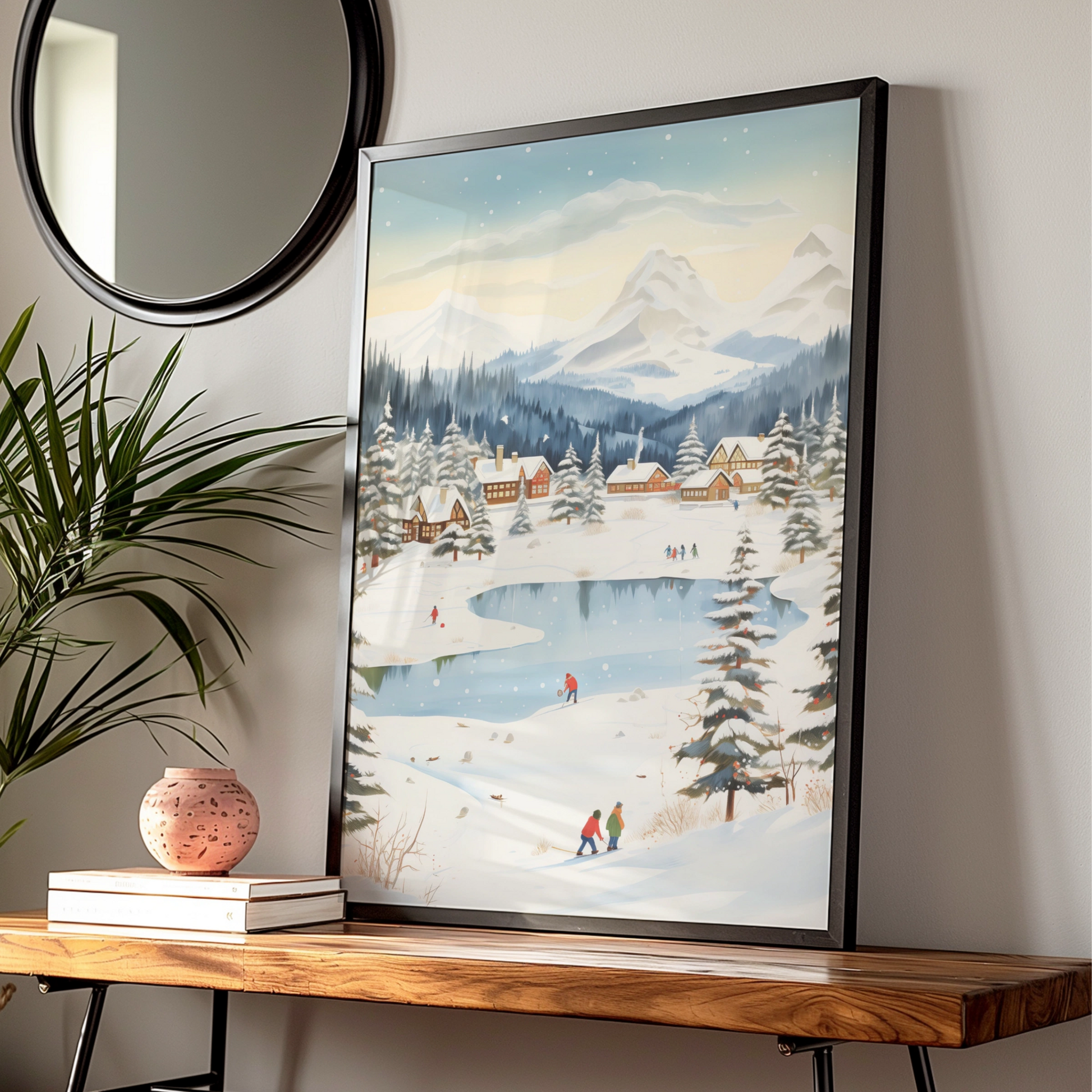 Christmas Winter Village Poster, Snowy Mountain Scene, Festive Wall Art, Holiday Home Decor Print