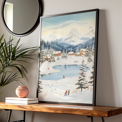 Christmas Winter Village Poster, Snowy Mountain Scene, Festive Wall Art, Holiday Home Decor Print