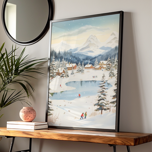 Christmas Winter Village Poster, Snowy Mountain Scene, Festive Wall Art, Holiday Home Decor Print