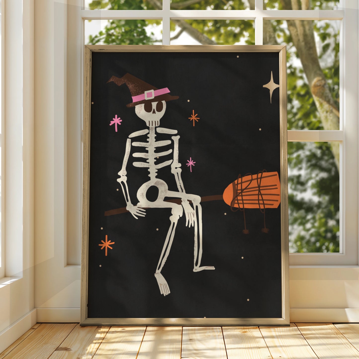 Halloween Skeleton Witch Hat Poster, Spooky Wall Art, Dark Retro Print, Pink Orange Decor