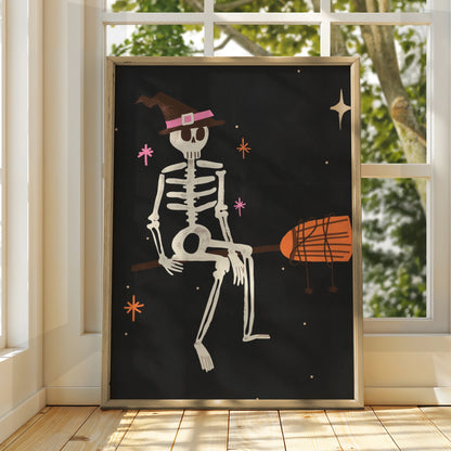 Halloween Skeleton Witch Hat Poster, Spooky Wall Art, Dark Retro Print, Pink Orange Decor