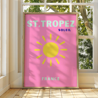 St Tropez Travel Poster, France Wall Art, Retro Sun Print, Pink French Riviera Decor