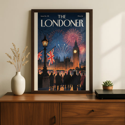 London Fireworks Poster, Big Ben Wall Art, Vintage Magazine Cover Art Print, Night Skyline Union