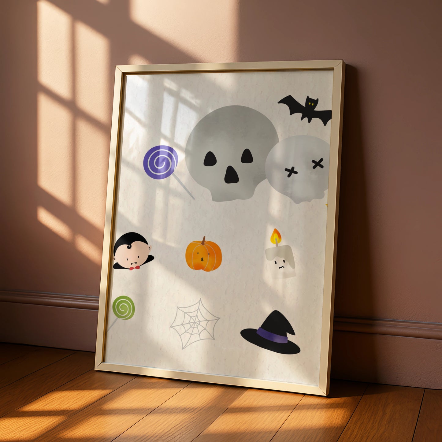 Cute Halloween Wall Art, Spooky Icons Poster, Skull Bat Pumpkin Witch Hat Print