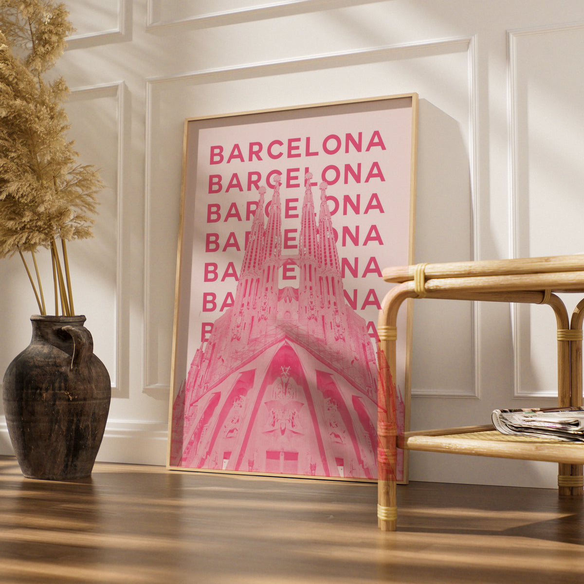 Barcelona Travel Poster Spain Wall Art, Retro Pink Architecture Print, Unique City Decor