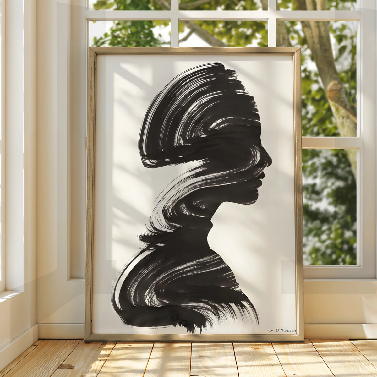 Female Silhouette Monochrome Wall Art, Black and White Portrait Poster, Modern Brush Stroke Print