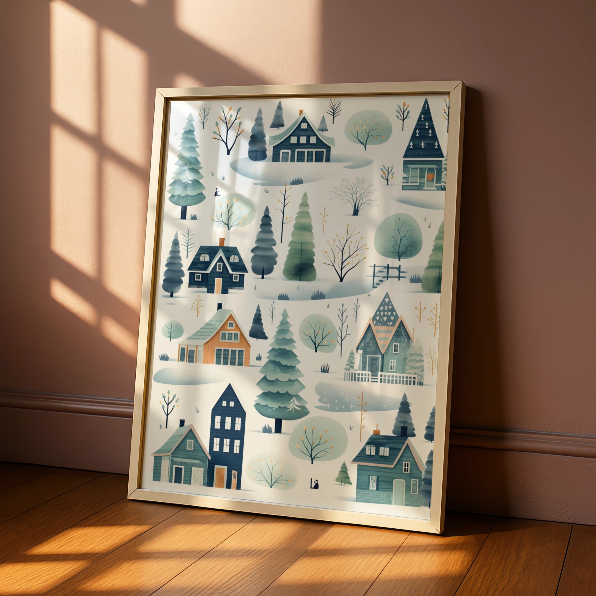 Christmas Winter Village Poster, Scandi Snow Scene, Festive Wall Art, Teal Blue Nordic Print
