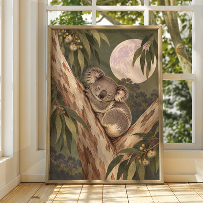 Sleeping Koala Eucalyptus Moon Print, Australian Wildlife Art, Nursery Wall Poster