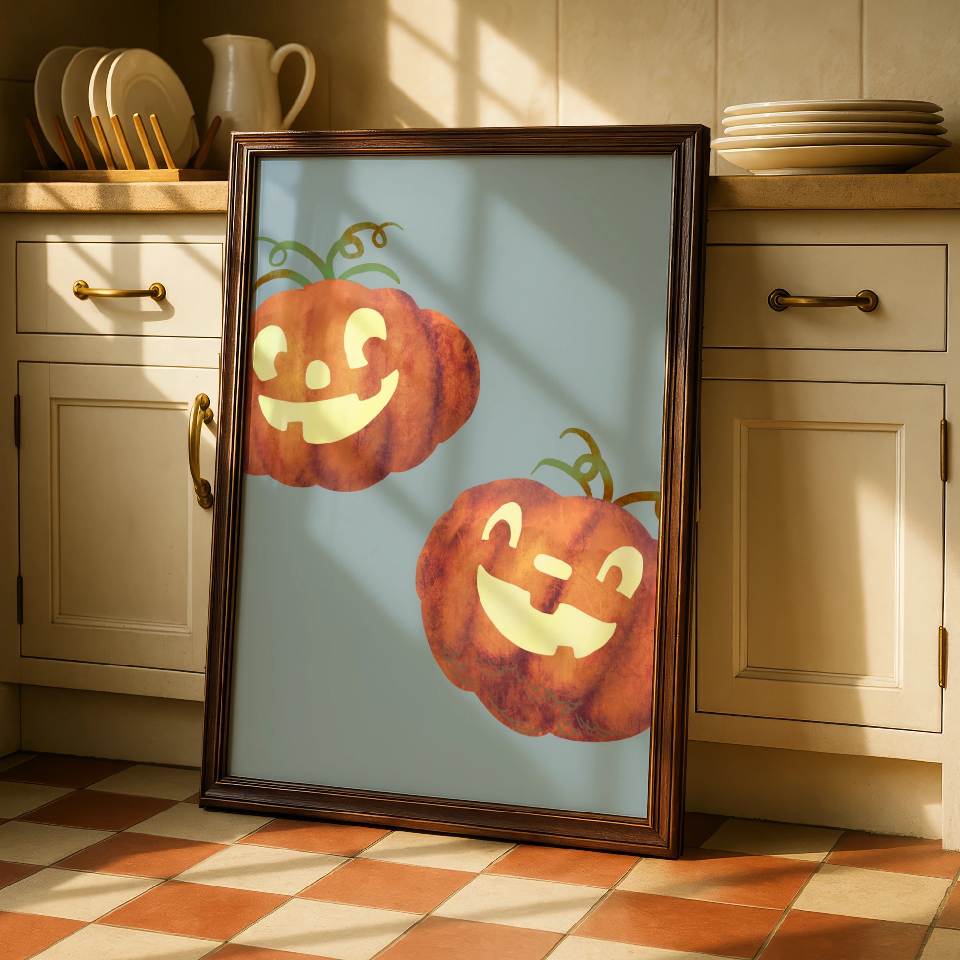 Halloween Pumpkin Wall Art, Jack O Lantern Poster, Cute Spooky Autumn Print, Orange Blue