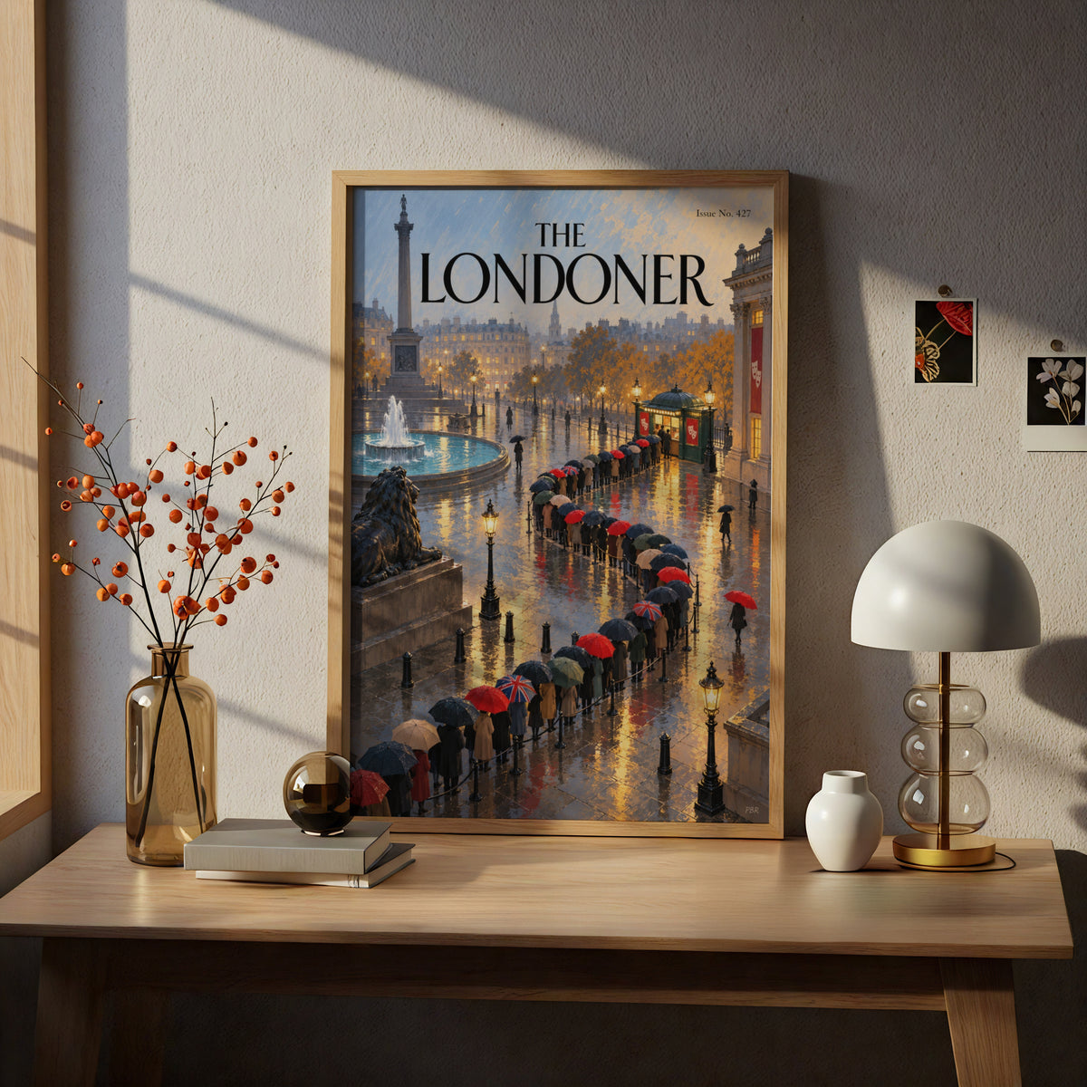 The Londoner Poster, London Wall Art, Trafalgar Square Rainy Evening Art Print, Magazine Cover Style