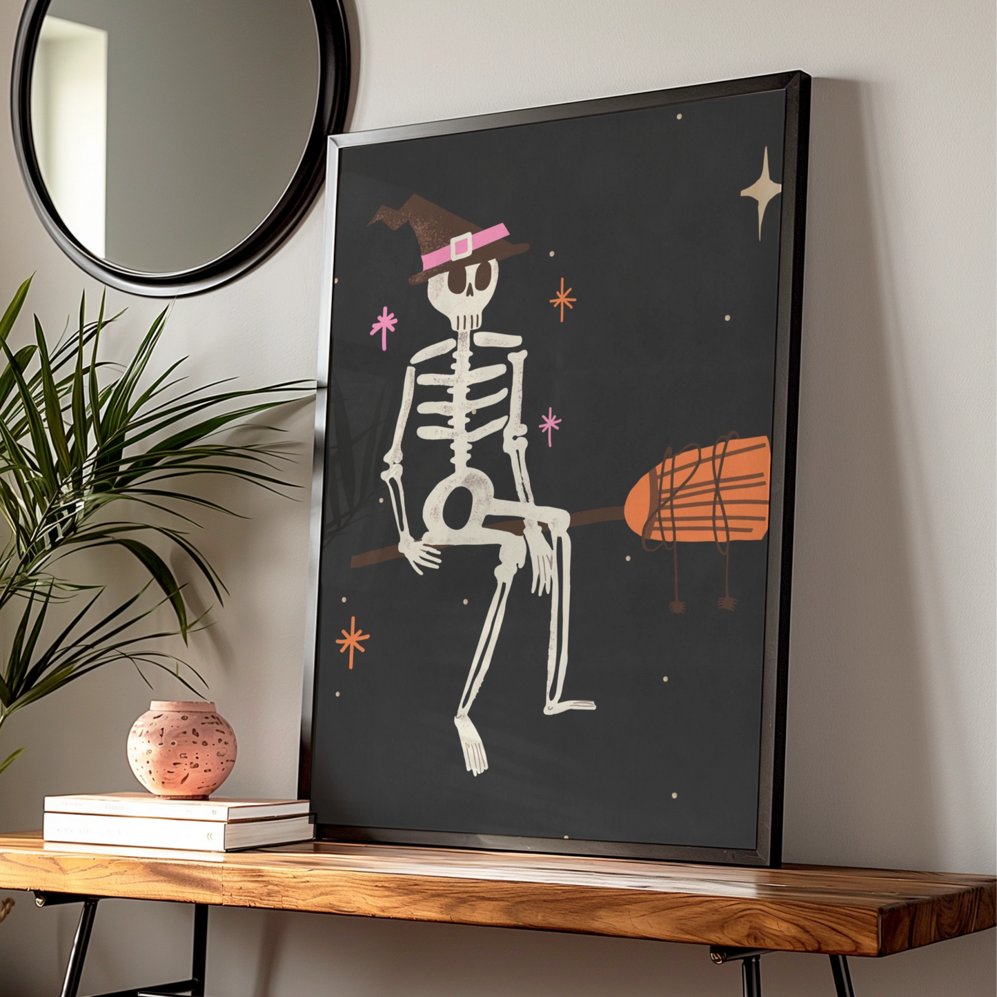 Halloween Skeleton Witch Hat Poster, Spooky Wall Art, Dark Retro Print, Pink Orange Decor