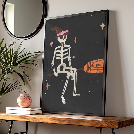 Halloween Skeleton Witch Hat Poster, Spooky Wall Art, Dark Retro Print, Pink Orange Decor