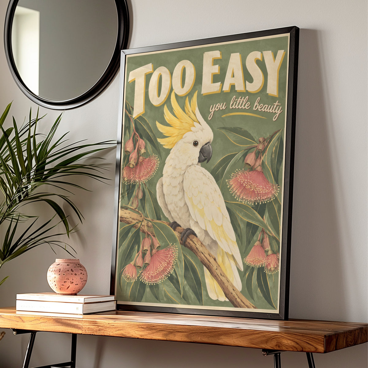 Cockatoo Australian Wall Art, Retro Style Sulphur Crested Bird Print, Aussie Wildlife Poster — Digital Download