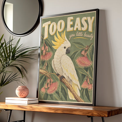 Cockatoo Australian Wall Art, Retro Style Sulphur Crested Bird Print, Aussie Wildlife Poster — Digital Download
