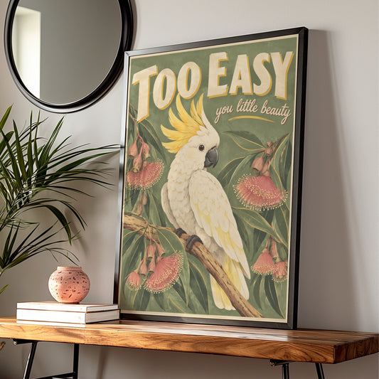 Cockatoo Australian Wall Art, Retro Style Sulphur Crested Bird Print, Aussie Wildlife Poster — Digital Download