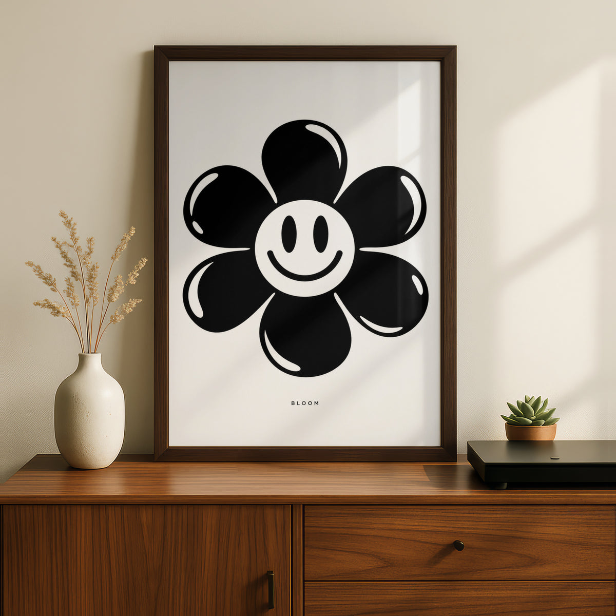 Bloom Smiley Flower Print, Monochrome Wall Art, Black and White Retro Floral Poster
