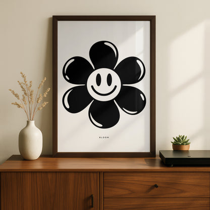 Bloom Smiley Flower Print, Monochrome Wall Art, Black and White Retro Floral Poster
