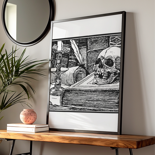 Halloween Skull Vanitas Poster, Gothic Black White Wall Art, Spooky Dark Academia Print