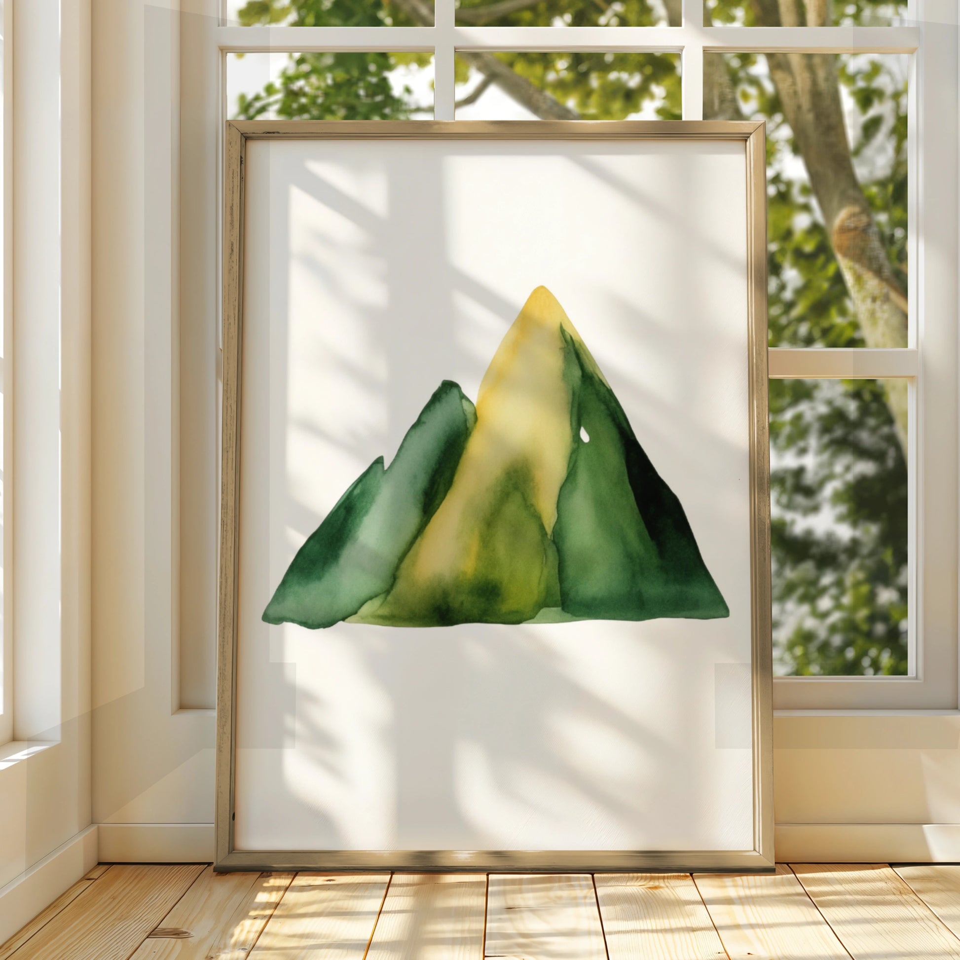 Watercolour Mountain Nursery Wall Art, Green Yellow Nature Print, Kids Room Poster
