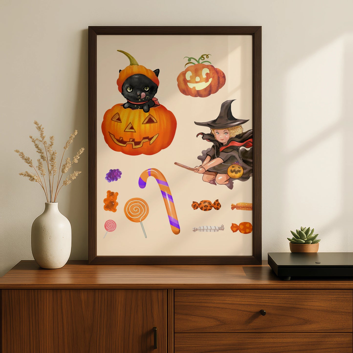 Halloween Witch Black Cat Pumpkin Poster, Trick or Treat Candy Wall Art Print