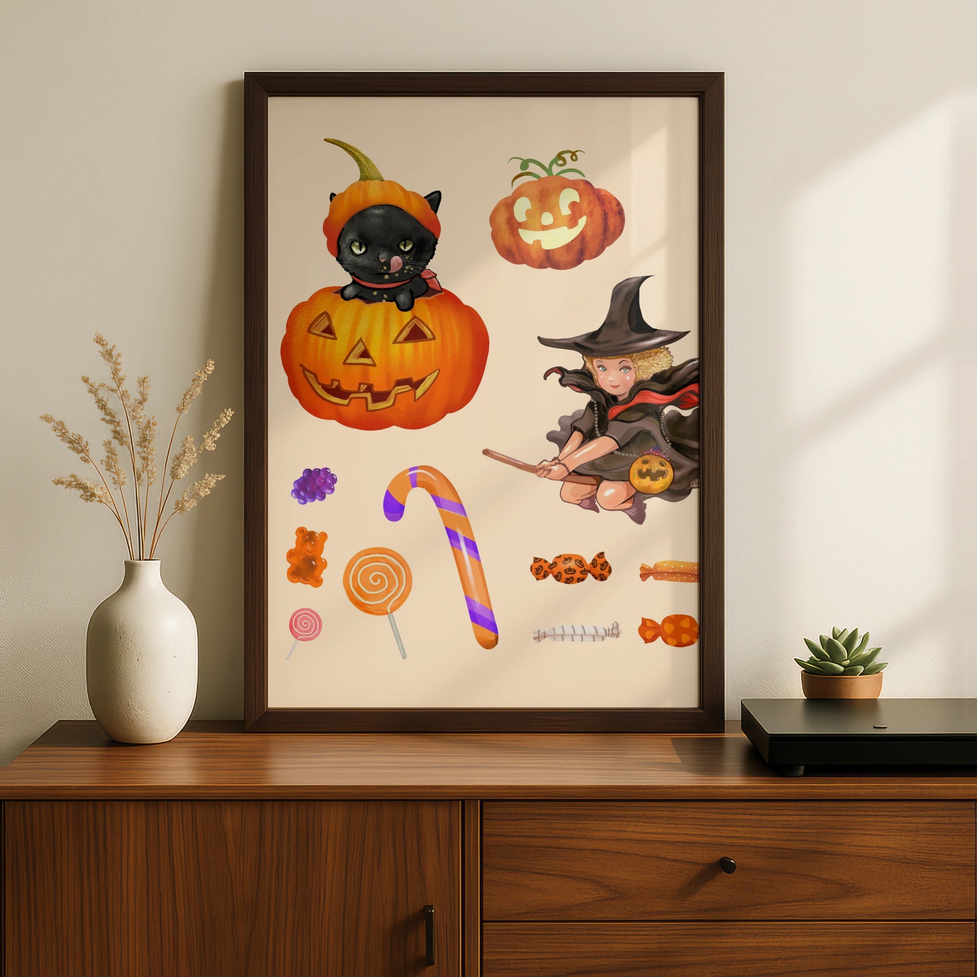 Halloween Witch Black Cat Pumpkin Poster, Trick or Treat Candy Wall Art Print