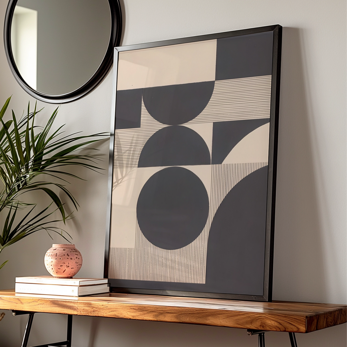 Geometric Circle Abstract Print, Monochrome Wall Art, Modern Bauhaus Poster, Neutral Minimalist — Digital Download