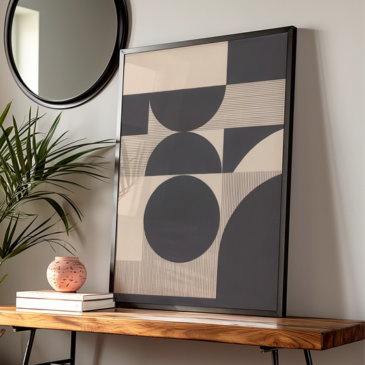 Geometric Circle Abstract Print, Monochrome Wall Art, Modern Bauhaus Poster, Neutral Minimalist — Digital Download