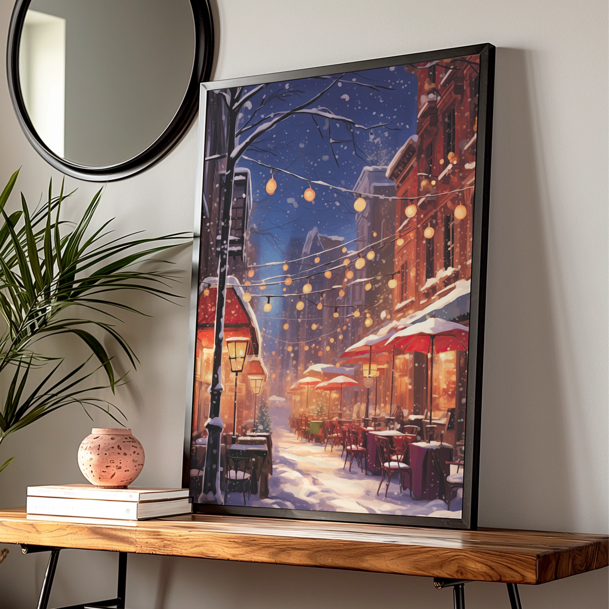 Christmas Street Scene Poster, Snowy Winter Night Wall Art, Festive City Lights Print
