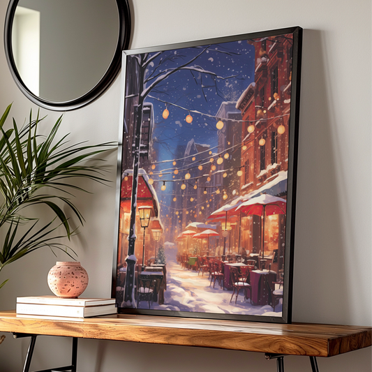 Christmas Street Scene Poster, Snowy Winter Night Wall Art, Festive City Lights Print
