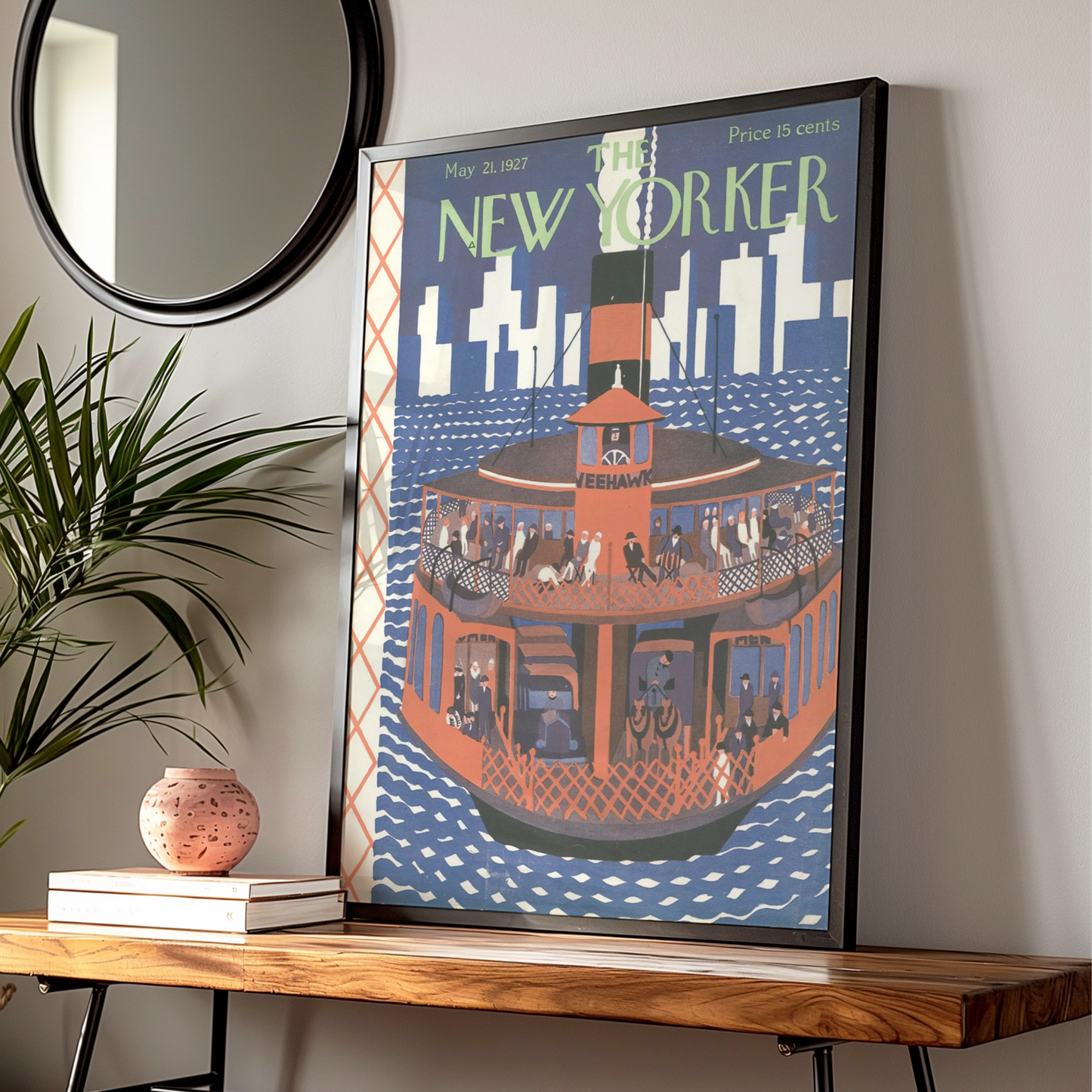 The New Yorker May 1927 Ferry Boat Poster, Vintage NYC Skyline Wall Art Print