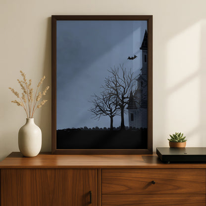 Halloween Haunted House Poster, Spooky Full Moon Bat Wall Art, Dark Gothic Print