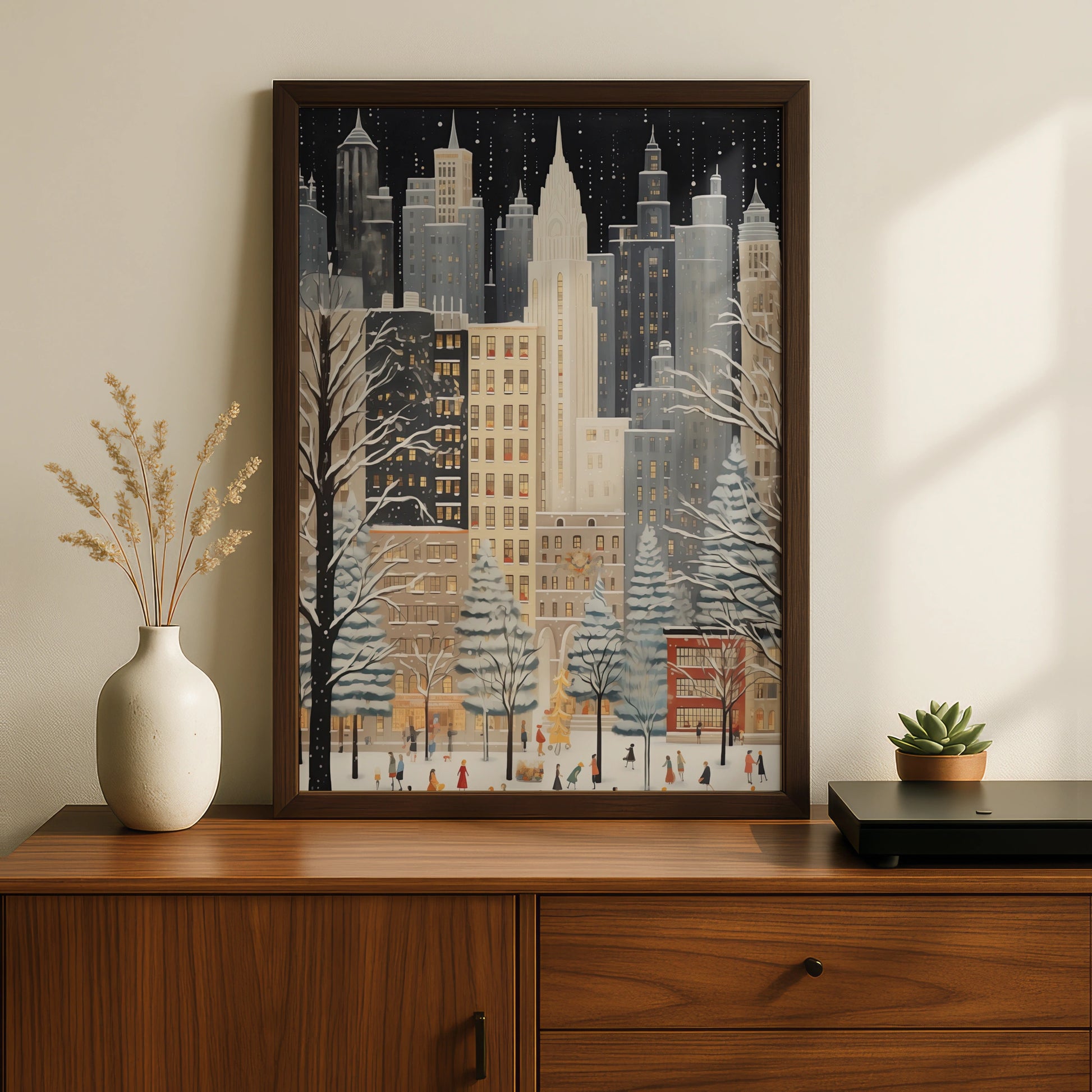 Christmas New York City Poster, Winter Snowfall Skyline Art, Festive NYC Wall Art Print