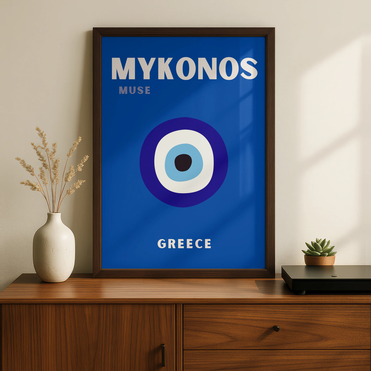 Mykonos Greece Travel Poster, Evil Eye Wall Art, Greek Island Retro Print, Blue