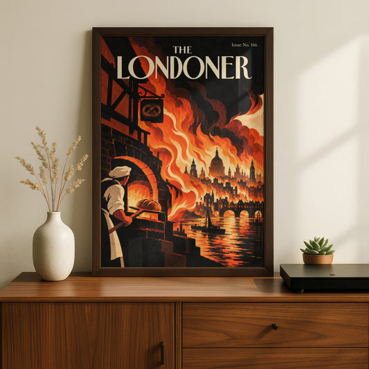 Great Fire of London Poster, Vintage Magazine Cover Wall Art, Baker and Flames Art Print