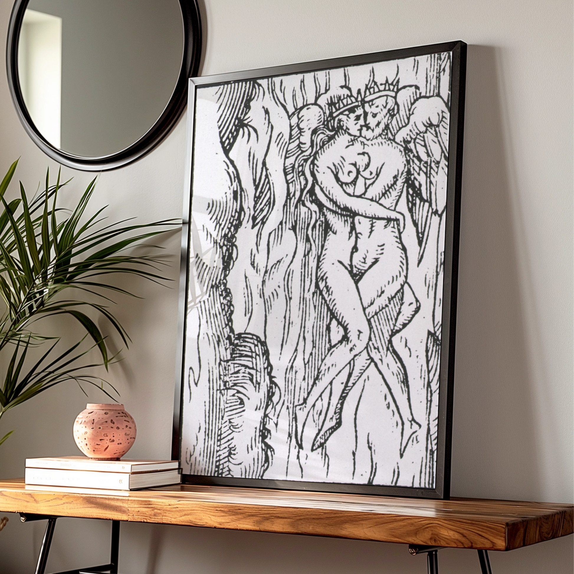 Halloween Dark Art Print, Medieval Woodcut Demon Figure, Gothic Black White Occult Poster Wall Art