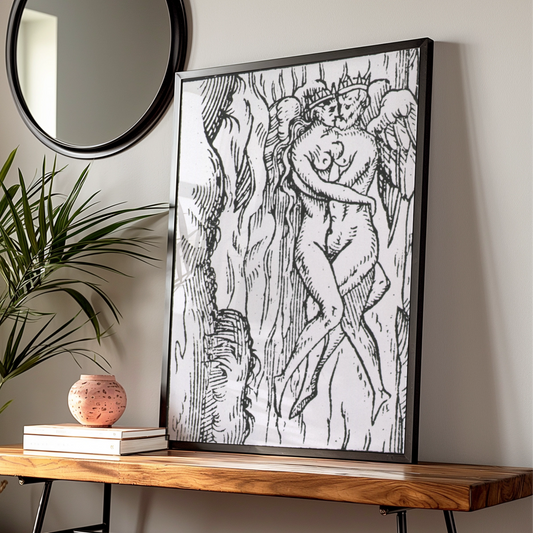 Halloween Dark Art Print, Medieval Woodcut Demon Figure, Gothic Black White Occult Poster Wall Art