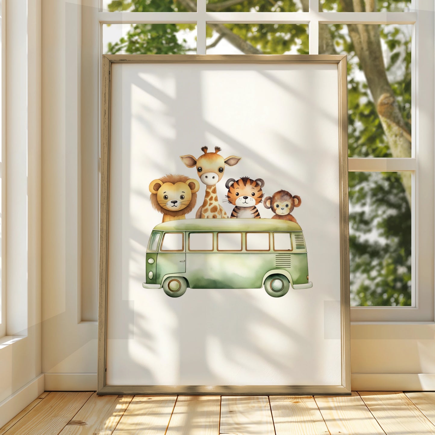 Safari Animals Nursery Wall Art, Cute Bus Print, Lion Giraffe Tiger Monkey Poster
