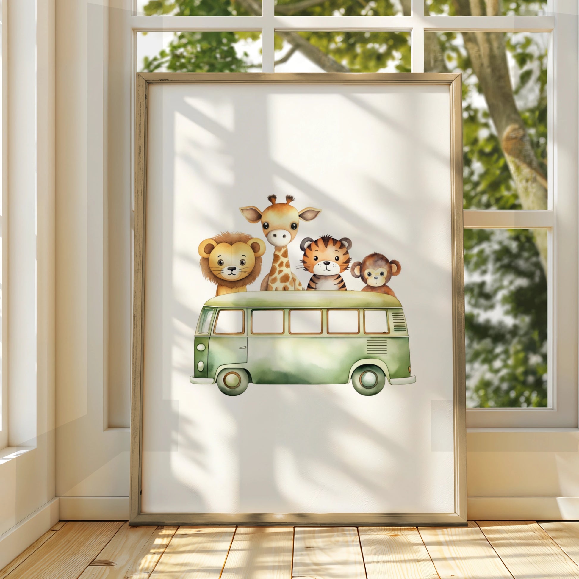 Safari Animals Nursery Wall Art, Cute Bus Print, Lion Giraffe Tiger Monkey Poster