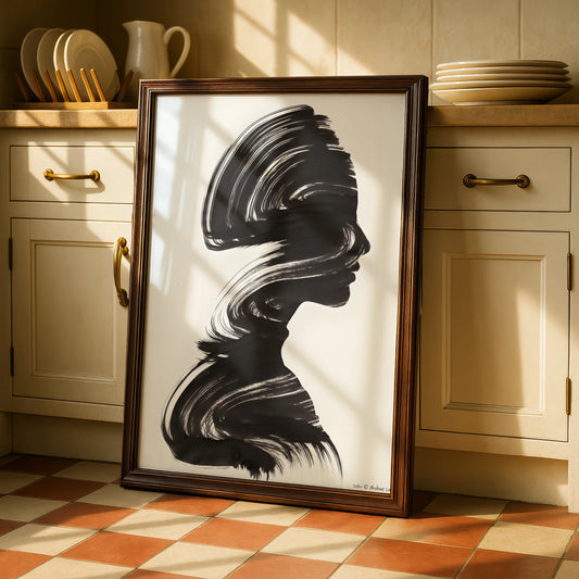 Female Silhouette Monochrome Wall Art, Black and White Portrait Poster, Modern Brush Stroke Print
