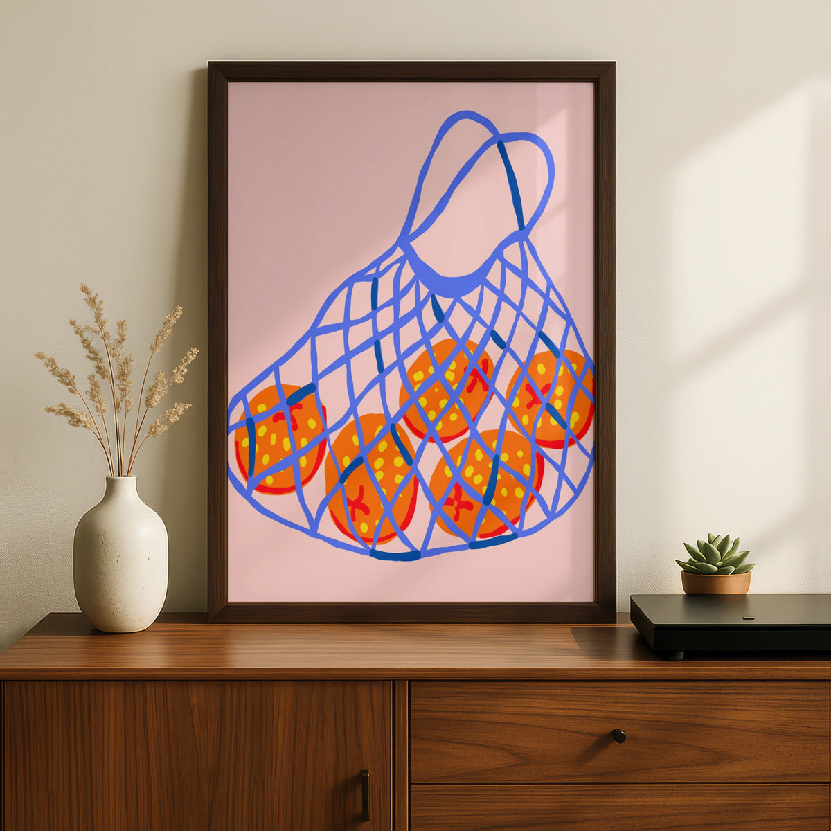 Maximalist Fruit Poster, Bold Orange Net Bag Print, Colourful Kitchen Wall Art Decor