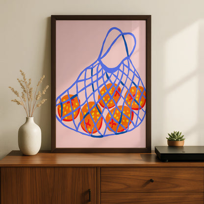 Maximalist Fruit Poster, Bold Orange Net Bag Print, Colourful Kitchen Wall Art Decor
