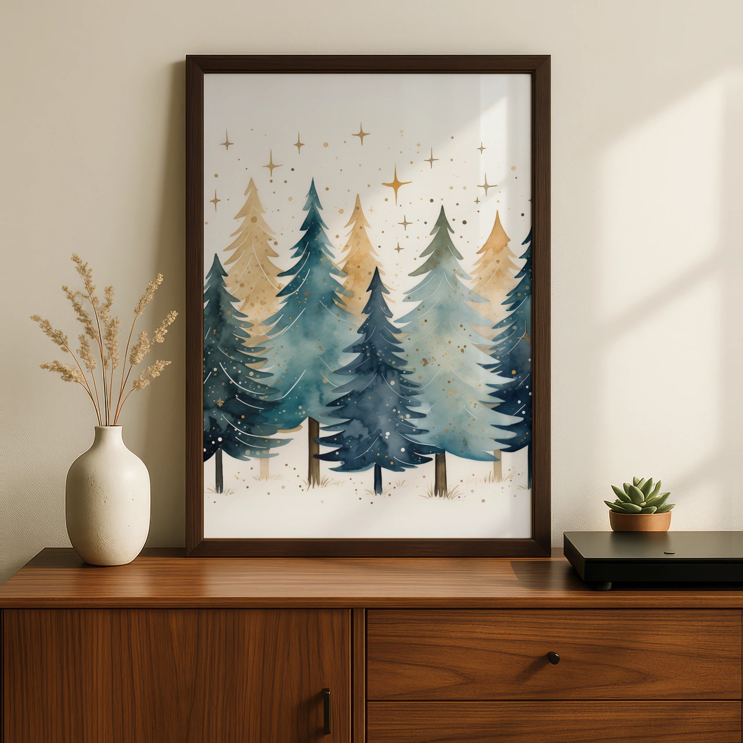 Christmas Tree Forest Poster, Watercolour Festive Wall Art, Teal Gold Xmas Print