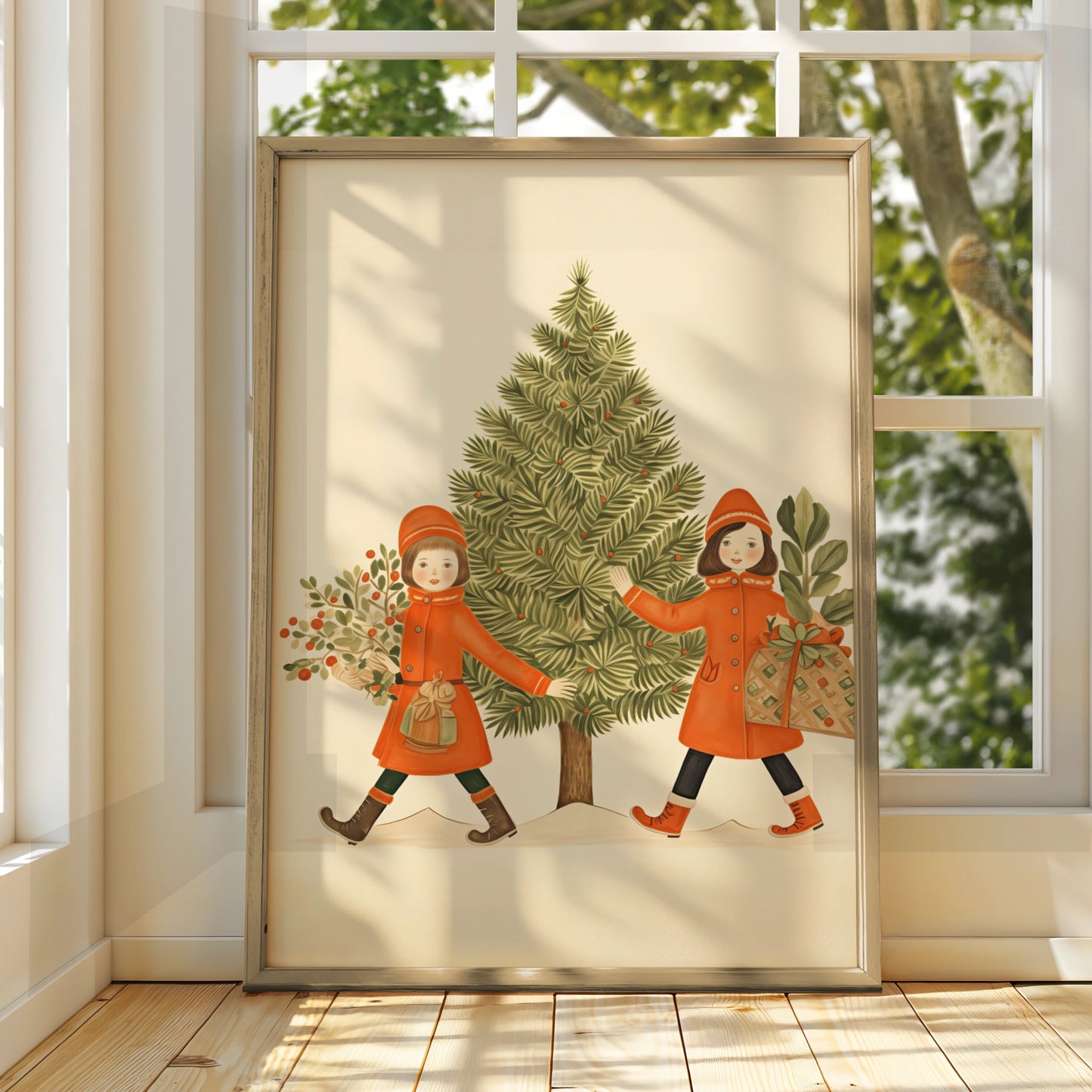 Vintage Christmas Poster, Retro Girls Christmas Tree Print, Festive Holiday Wall Art