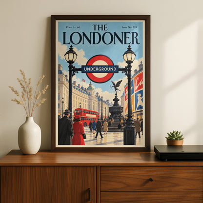 Vintage London Underground Poster, Piccadilly Circus Wall Art, Retro Magazine Cover Art Print